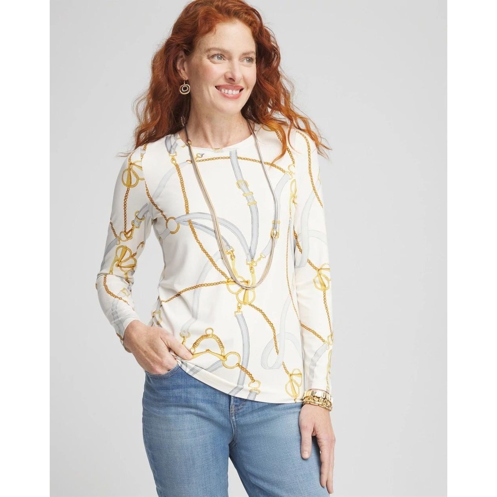 CHICO'S Long Sleeve Top XL Cream Gold Grey Chain Print Equestrian Preppy Chic